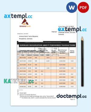 sample Somalia Amana bank statement template in Word and PDF format download