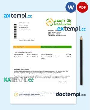 sample Somalia Dara Salaam Bank statement template in Word and PDF format, good for address prove download