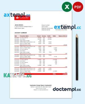 sample Spain Santander bank statement, Excel and PDF template download