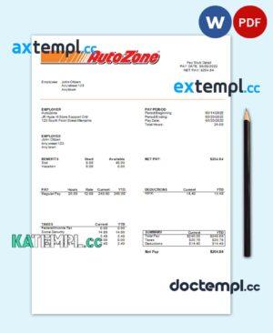 sample USA Auto Zone auto retailer company pay stub Word and PDF template download