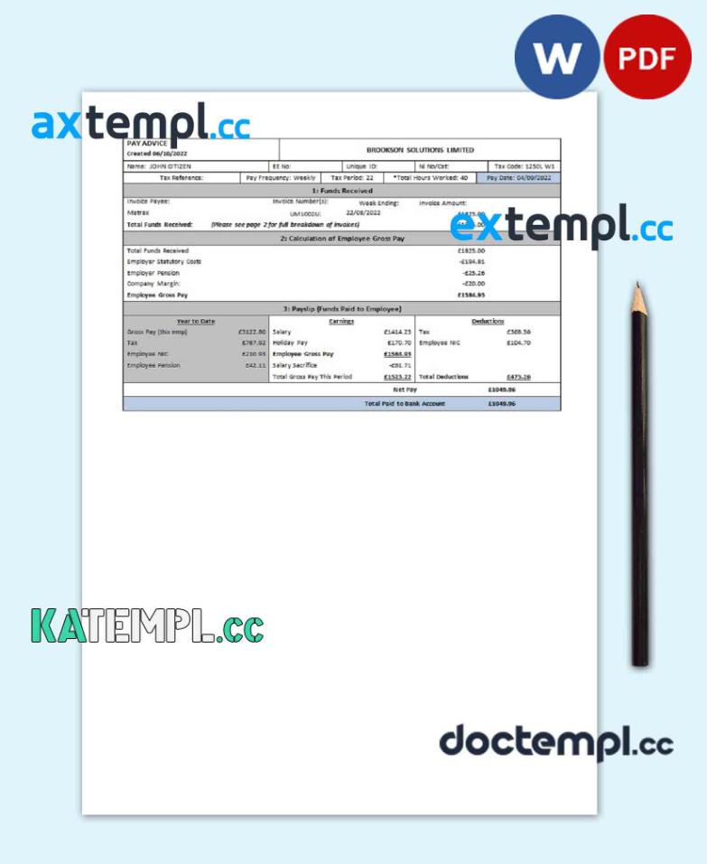 sample USA Brookson solutions limited payslip Word and PDF template download