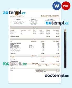 sample USA Brown Forman alcoholic beverages company pay stub Word and PDF template download