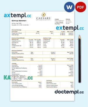 sample USA Caesars Entertainment casino and resort company pay stub Word and PDF template download