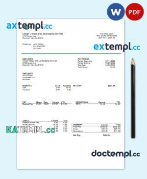 sample USA California design & landscaping services company pay stub template in Word and PDF format download
