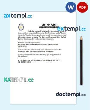 sample USA City of Flint Michigan water utility bill shutoff notice, Word and PDF template, version 2 download