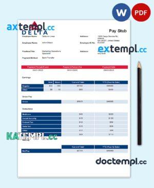 sample USA Delta Air Lines airlines company pay stub Word and PDF template download