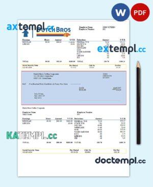 sample USA Dutch Bros Coffee Corporate coffeehouse company pay stub Word and PDF template download