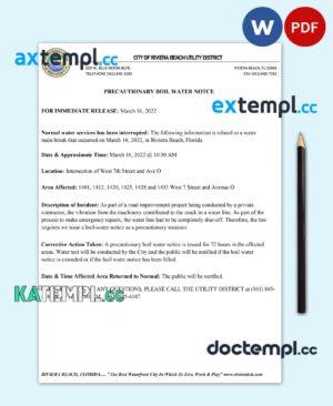 sample USA Florida City of Riviera Beach utility district water utility shut off notice, Word and PDF template download