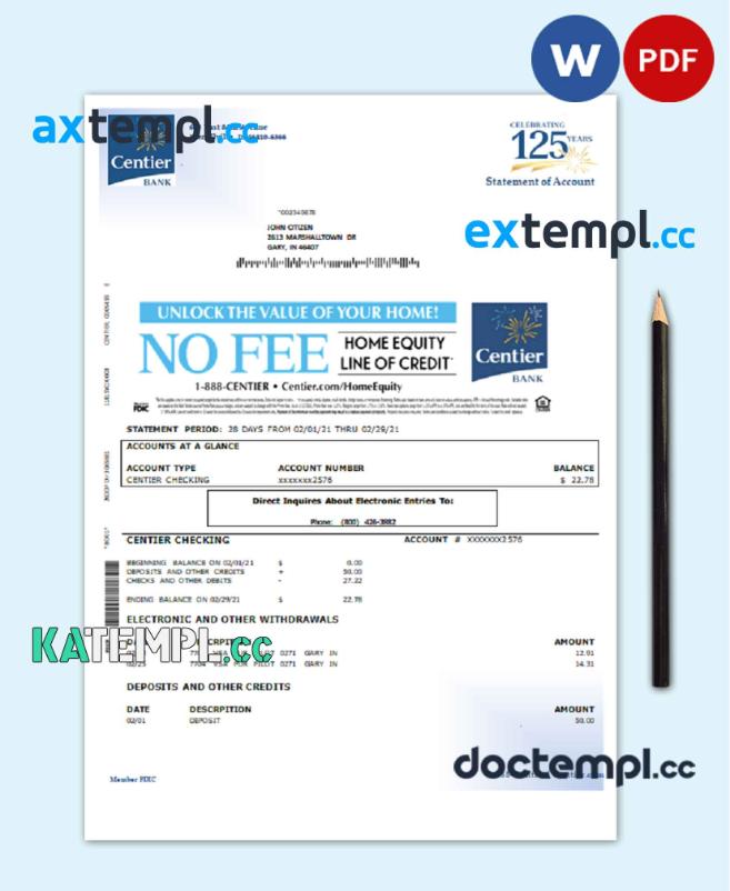 sample USA Indiana Centier bank statement template in Word and PDF format download