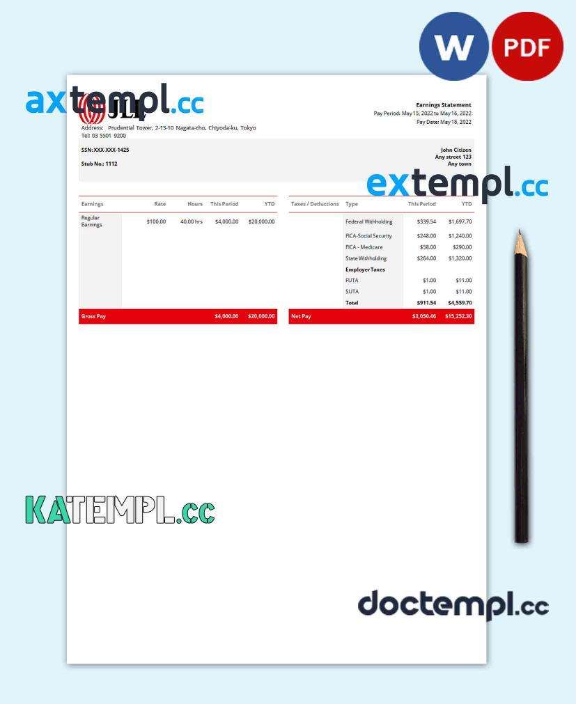 sample USA JLL real estate company pay stub Word and PDF template download