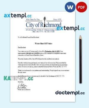sample USA Michigan City of Richmond water utility bill shutoff notice, Word and PDF template download