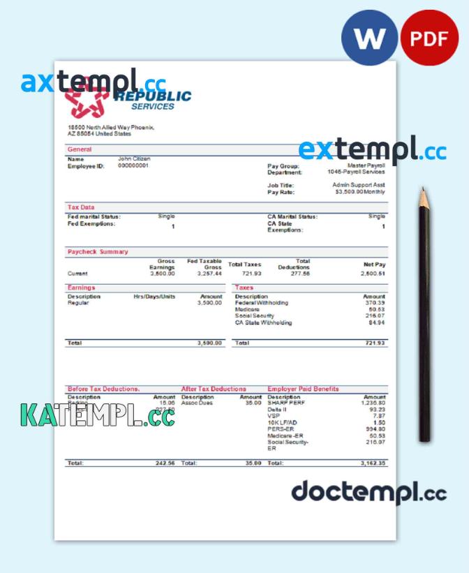 sample USA Republic Services waste management company pay stub Word and PDF template download