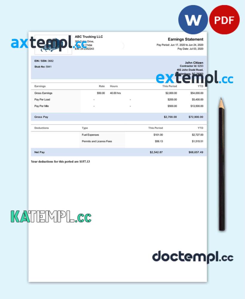 sample USA South Carolina TRUCKING LLC paystub template in Word and PDF formats download