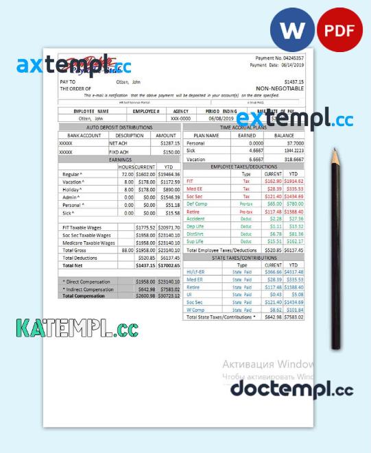 sample USA South Dakota payroll e-stub pay stub template in word and PDF format download