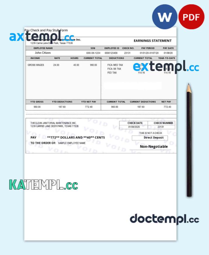 sample USA THE CLEAN Janitorial Mainenance Inc pay stub template in Word and PDF formats download