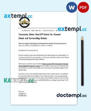 sample USA Texas La Banda utility water shut off notice, Word and PDF template download