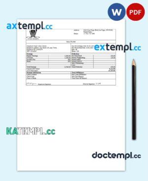 sample USA Wynn Resorts hospitality company pay stub Word and PDF template download