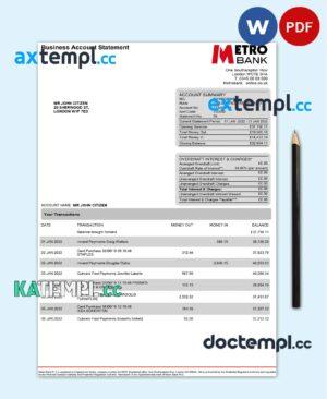 sample United Kingdom Metro bank business account statement Word and PDF template, 4 pages download