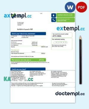 sample United Kingdom SSE Energy utility bill, Word and PDF template, 4 pages download