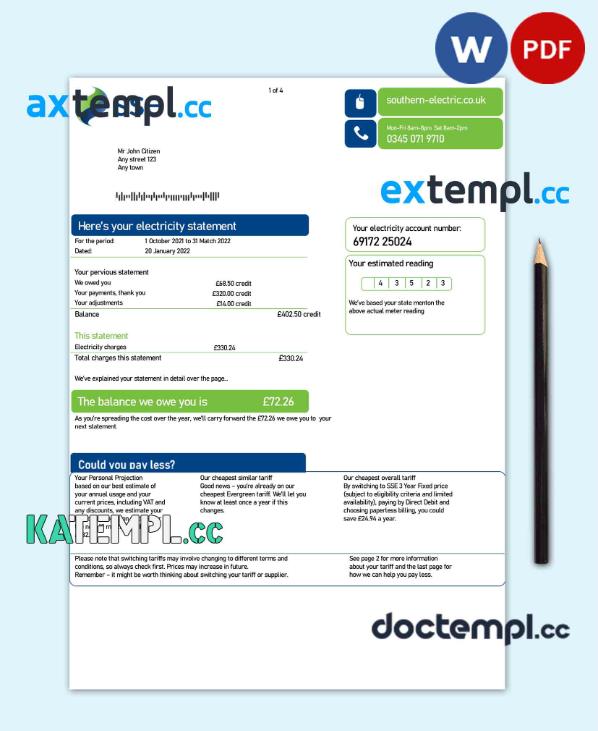 sample United Kingdom SSE Energy utility bill, Word and PDF template, 4 pages download