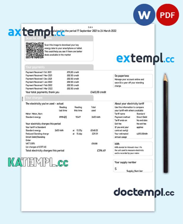 sample United Kingdom SSE Energy utility bill, Word and PDF template, 4 pages download - Image 2