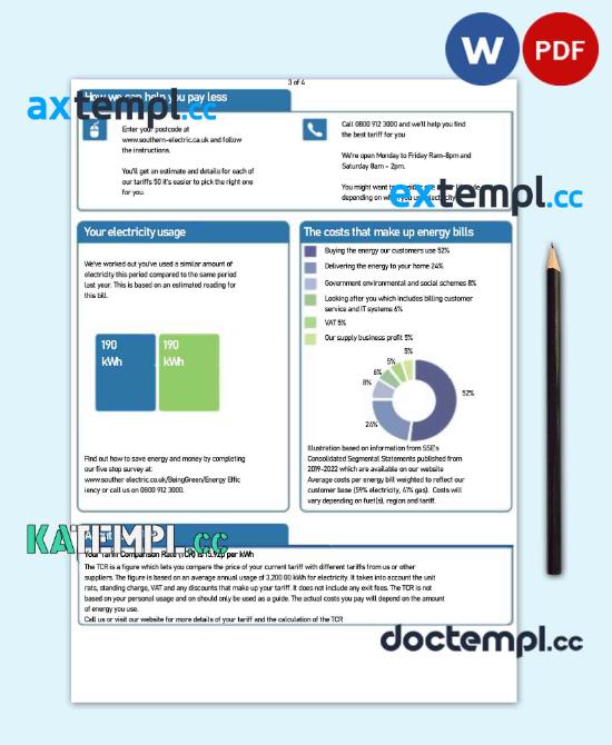 sample United Kingdom SSE Energy utility bill, Word and PDF template, 4 pages download - Image 3