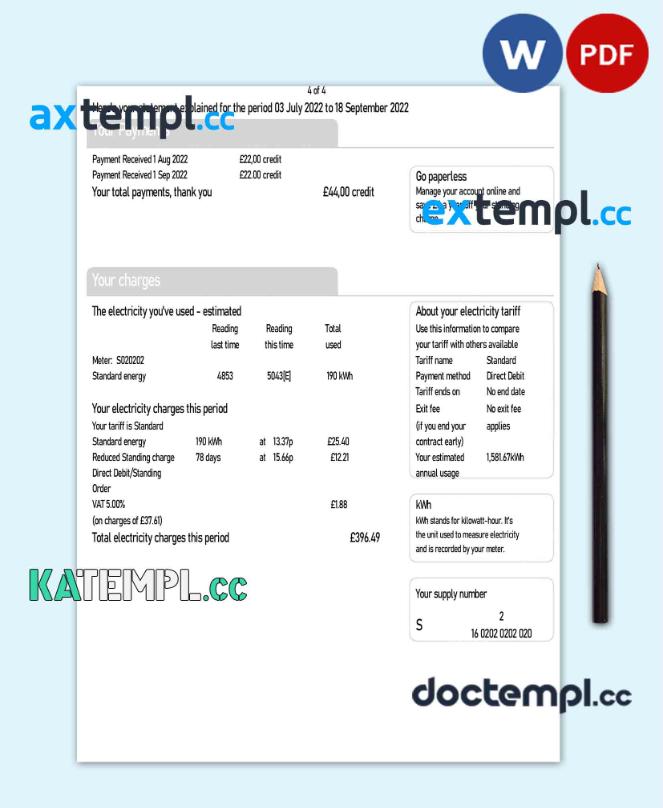 sample United Kingdom SSE Energy utility bill, Word and PDF template, 4 pages download - Image 4