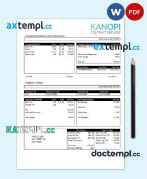 sample United Kingdom Kanopi Contract Services payroll company pay stub Word and PDF template download