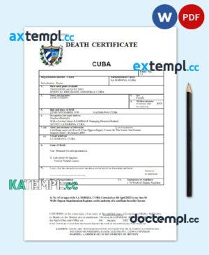sample Cuba death certificate Word and PDF template, completely editable download