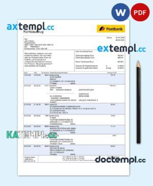 sample Germany Postbank bank statement, Word and PDF template, 2 pages download