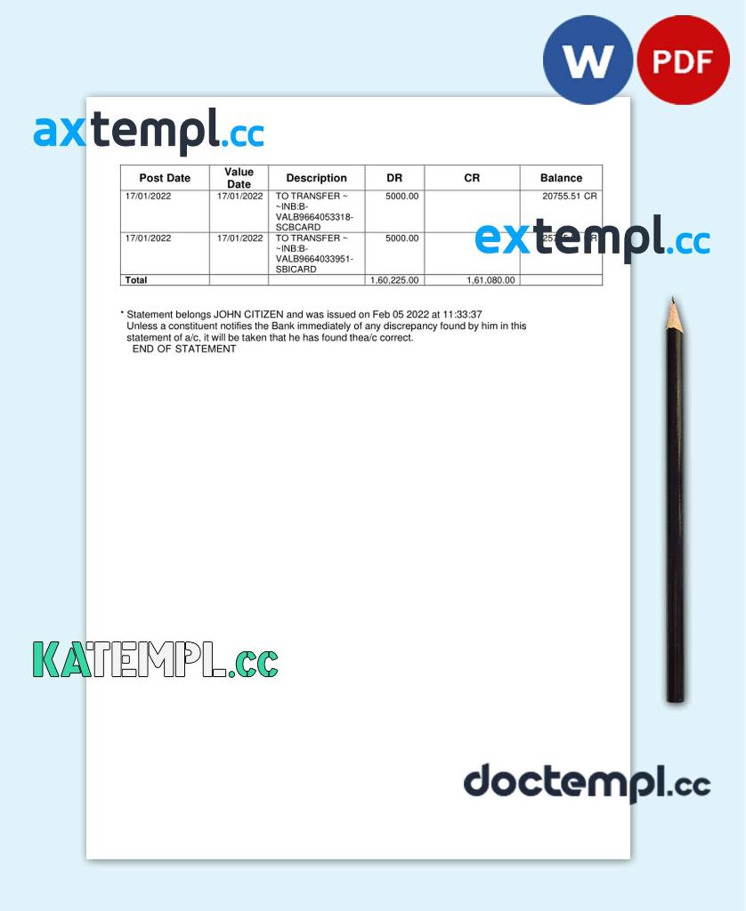 sample India Allahabad Bank statement, Word and PDF template, 2 pages download - Image 2
