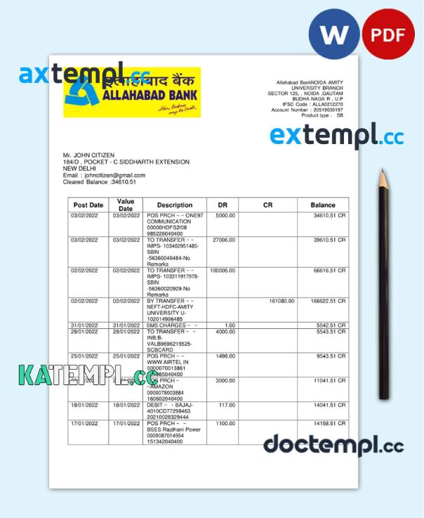 sample India Allahabad Bank statement, Word and PDF template, 2 pages download