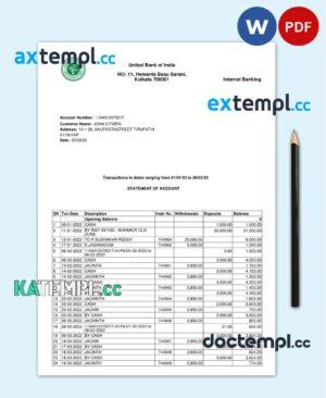 sample India United Bank of India bank statement, Word and PDF template, 2 pages download