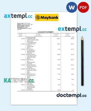 sample Malaysia Maybank bank statement Word and PDF template, 2 pages download
