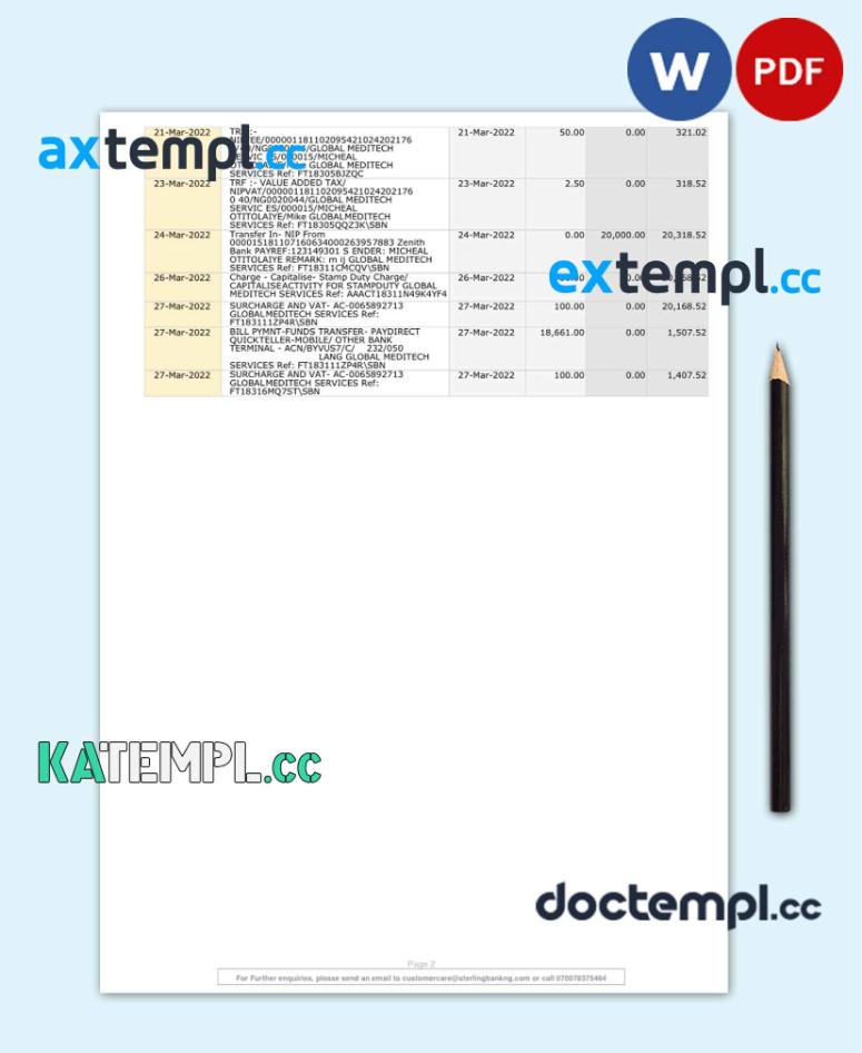 sample Nigeria Sterling bank statement Word and PDF template, 2 pages download