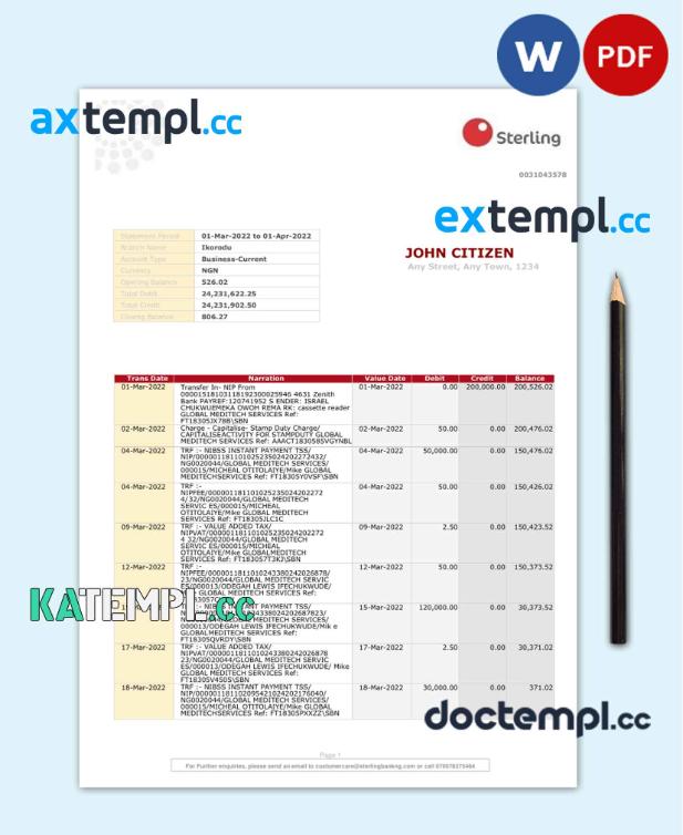 sample Nigeria Sterling bank statement Word and PDF template, 2 pages download - Image 2
