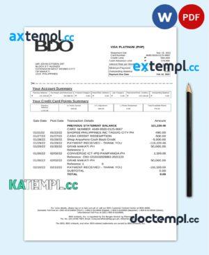 sample Philippines BDO bank credit card statement, Word and PDF template, 2 pages download