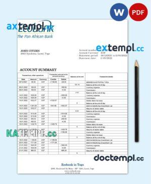 sample Togo Ecobank Bank statement template in Word and PDF format download