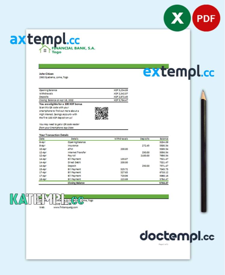 sample Togo Financial Bank statement, Excel and PDF template download