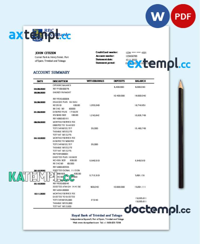 sample Trinidad and Tobago Royal Citizens Bank statement template in Word and PDF format download