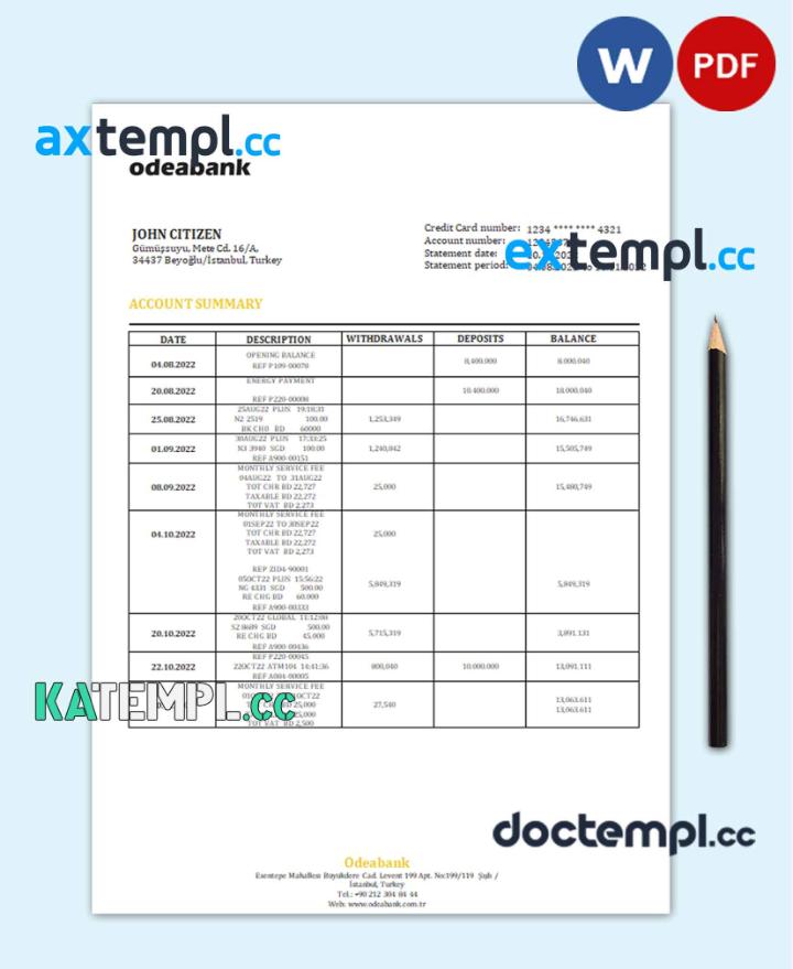 sample Turkey Odeabank bank statement template in .doc and .pdf format download