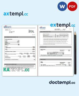 sample USA Citibank bank statement, Word and PDF template, 6 pages download