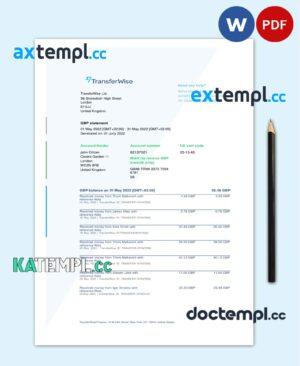 sample USA TransferWise Finances statement, Word and PDF template download