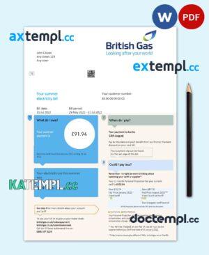 sample United Kingdom British Gas bill Word and PDF template, 2 pages download