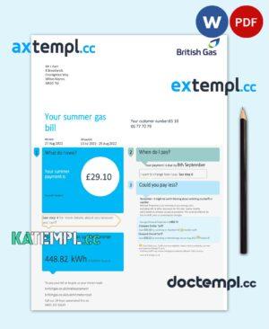 sample United Kingdom British Gas utility bill, Word and PDF template, 4 pages download