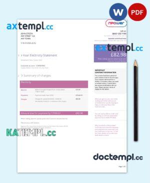 sample United Kingdom Npower utility bill, Word and PDF template download