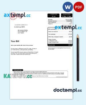 sample United Kingdom Virigin Media utility bill, Word and PDF template download