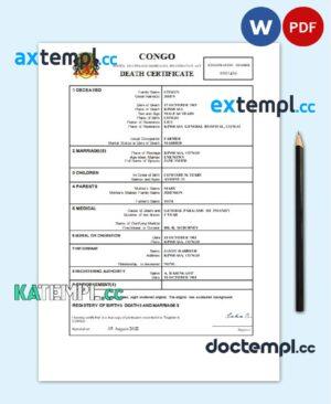 sample Congo death certificate Word and PDF template, completely editable download