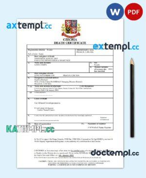 sample Czechia death certificate Word and PDF template, completely editable download