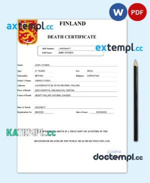 sample Finland death certificate Word and PDF template, completely editable download